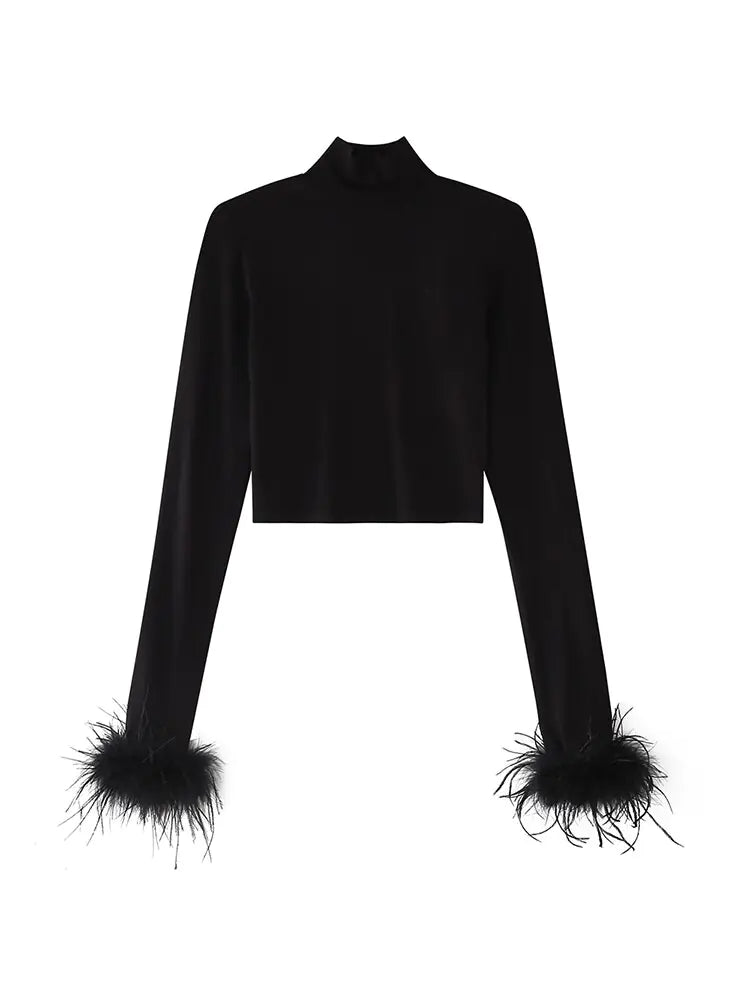 Black Crop Feathered Turtleneck