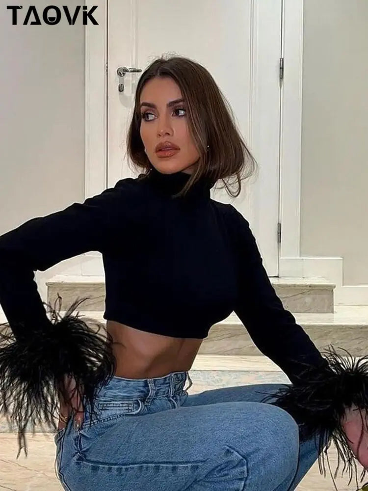 Black Crop Feathered Turtleneck