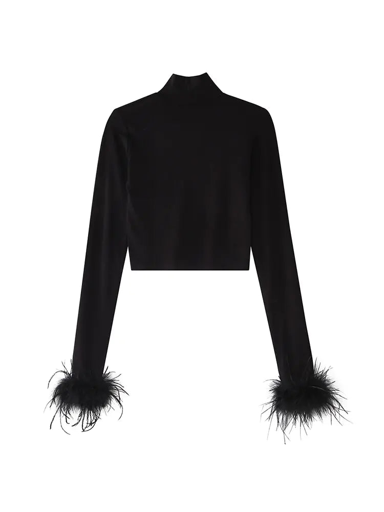 Black Crop Feathered Turtleneck