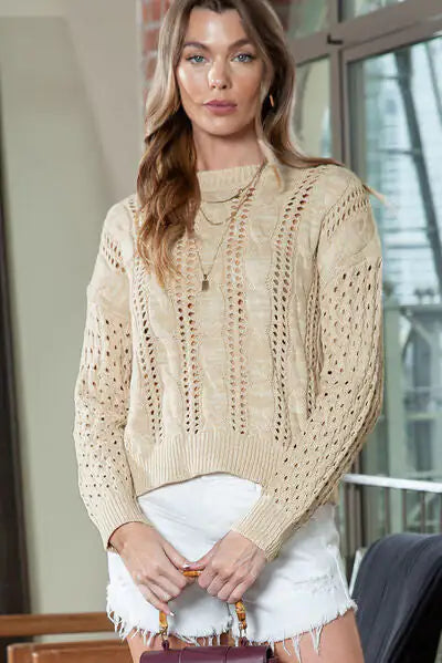 Openwork Cable-Knit Round Neck Top