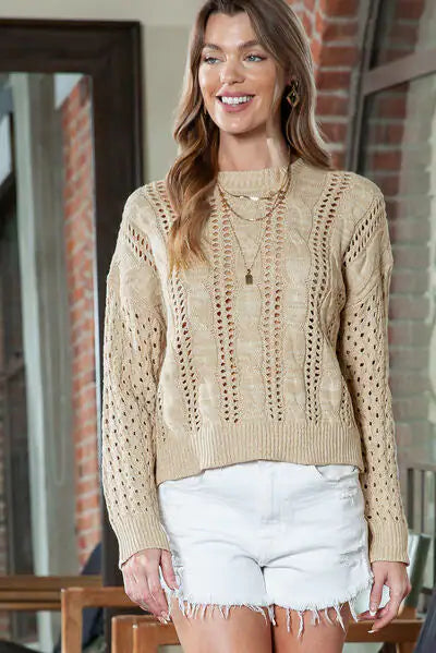 Openwork Cable-Knit Round Neck Top