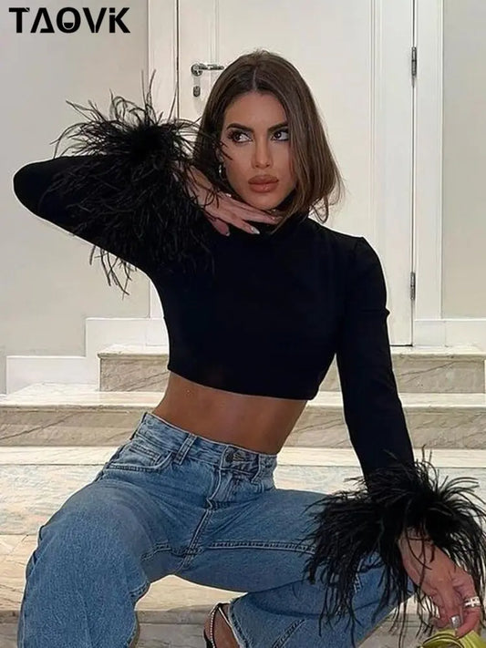 Black Crop Feathered Turtleneck